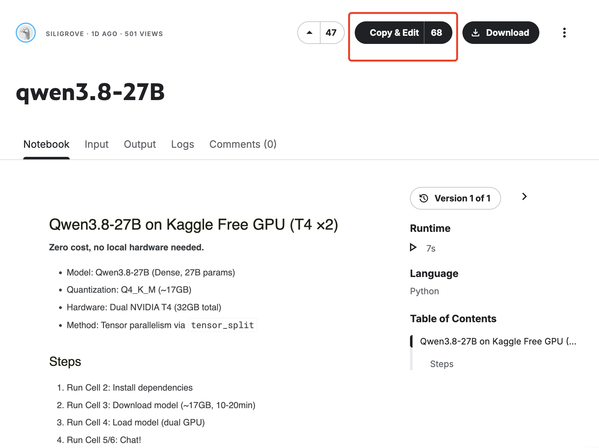 Kaggle 上 qwen3.8-27B notebook 页面,右上角的 Copy & Edit 按钮被红框标出